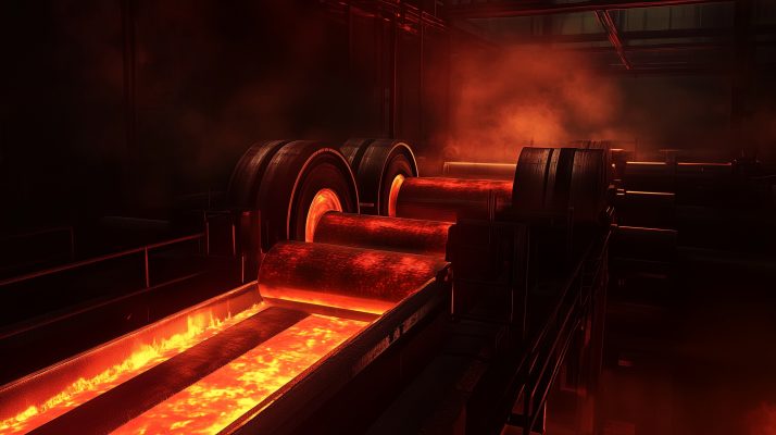 Glühendes Metallstück wird durch Walzen in einem Stahlwerk geführt.