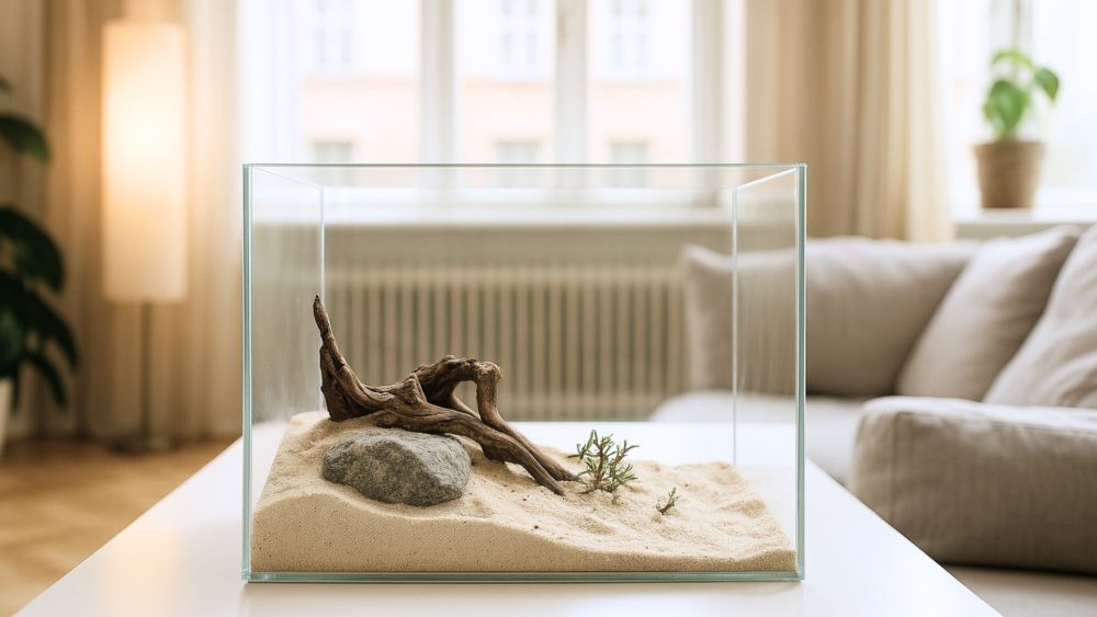 Aquarium aus Floatglas mit Sand, Stein und Wurzel im Wohnzimmer.