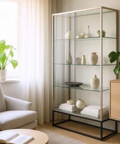 Glasvitrine mit Regalböden in modernem Wohnzimmerinterieur.