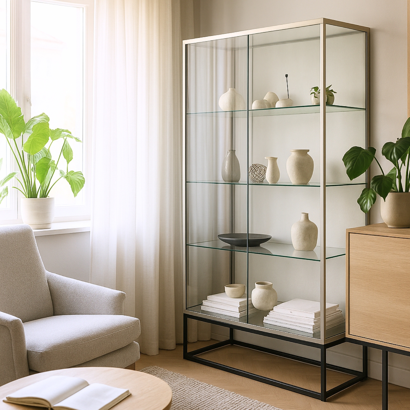 Glasvitrine mit Regalböden in modernem Wohnzimmerinterieur.