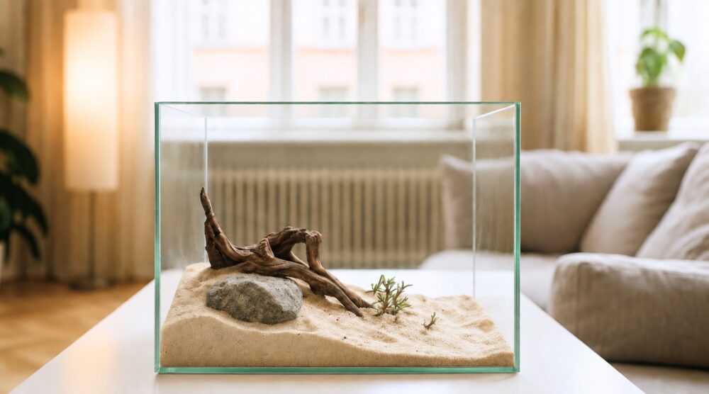 Ein Weißglas aus Floatglas bildet ein transparentes Terrarium mit klaren, leicht grünlichen Kanten.