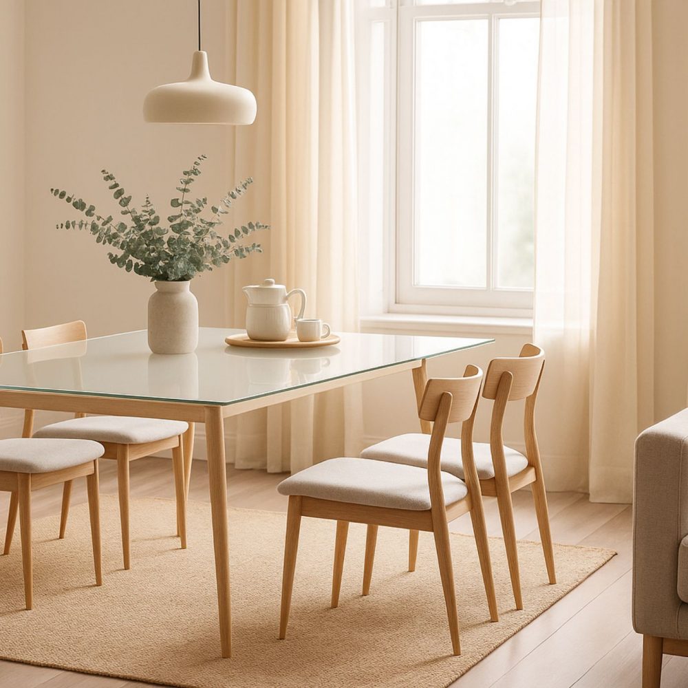 Esstisch mit ESG-Glasplatte und Holzgestell in modernem Esszimmer.
