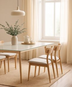 Esstisch mit ESG-Glasplatte und Holzgestell in modernem Esszimmer.