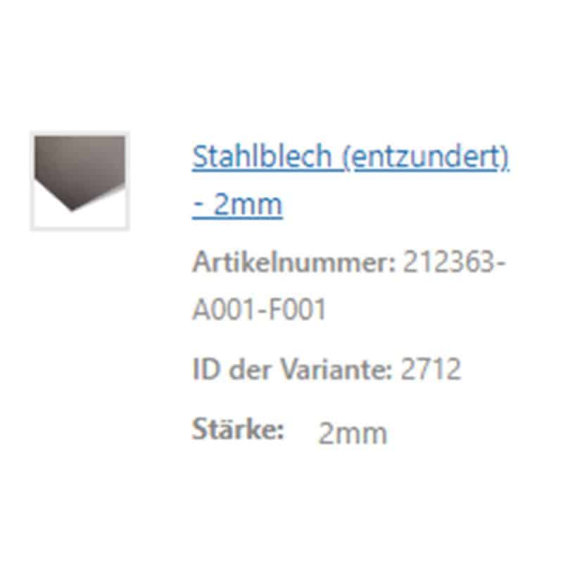 Ein Produkttext beschreibt ein zwei Millimeter starkes, entzundertes Stahlblech.
