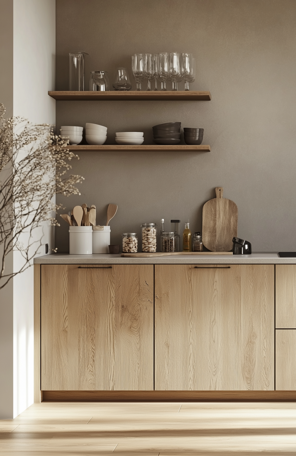 Moderne Küche mit hellen Furnierfronten in Wildeiche-Optik und schwarzer Armatur.