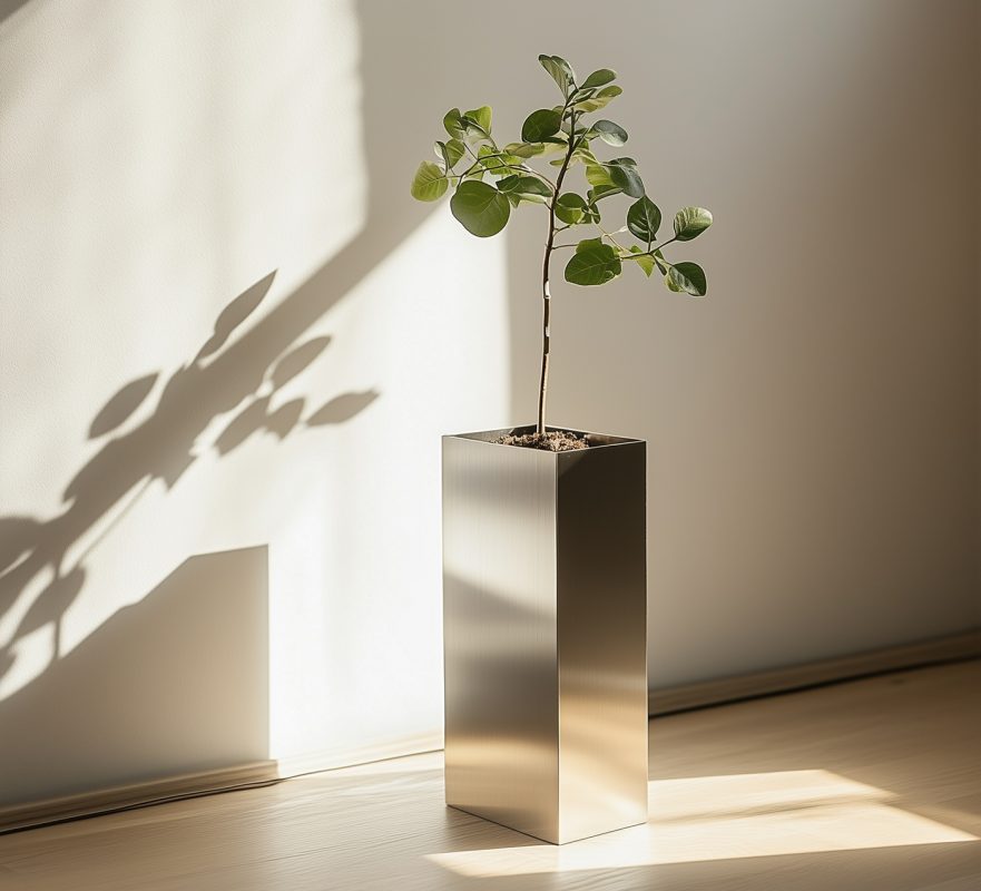 Pflanzgefäß aus gebürstetem Aluminium mit kleiner Zimmerpflanze.