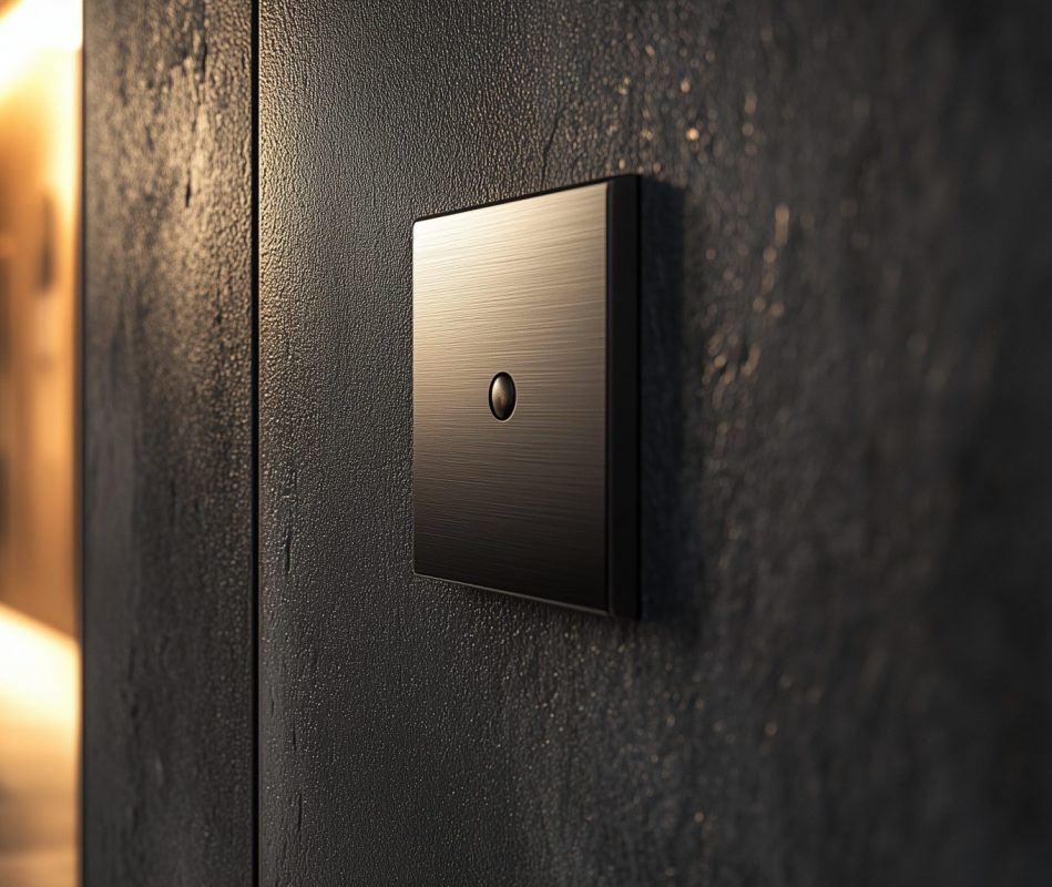 Eleganter Lichtschalter aus gebürstetem Aluminium an dunkler Wand.