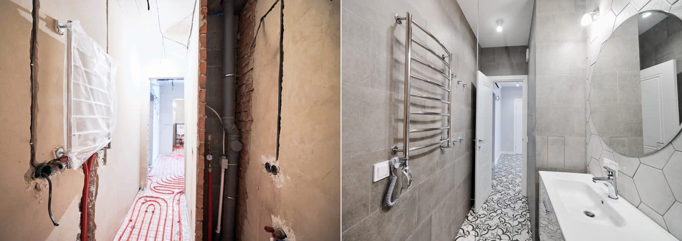 Badezimmer-Sanierung Vorher-Nachher Vergleich mit neuen Fliesen.
