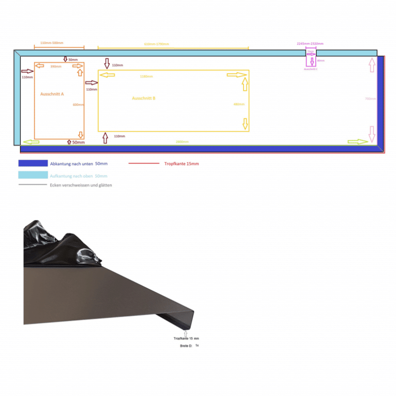 Eine technische Übersicht zeigt Planungsskizzen und Bauteildetails auf weißem Hintergrund.