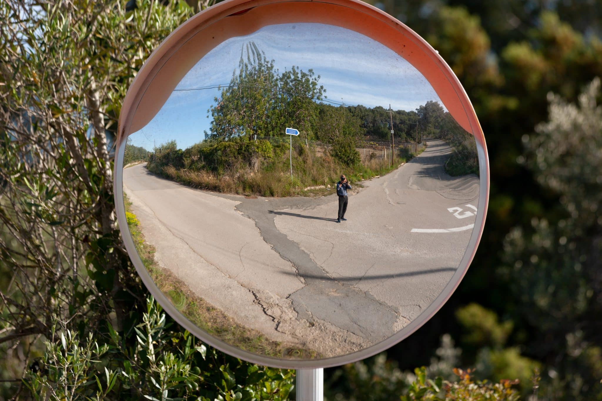 Ein runder Verkehrsspiegel reflektiert eine ruhige Straße mit Bäumen.