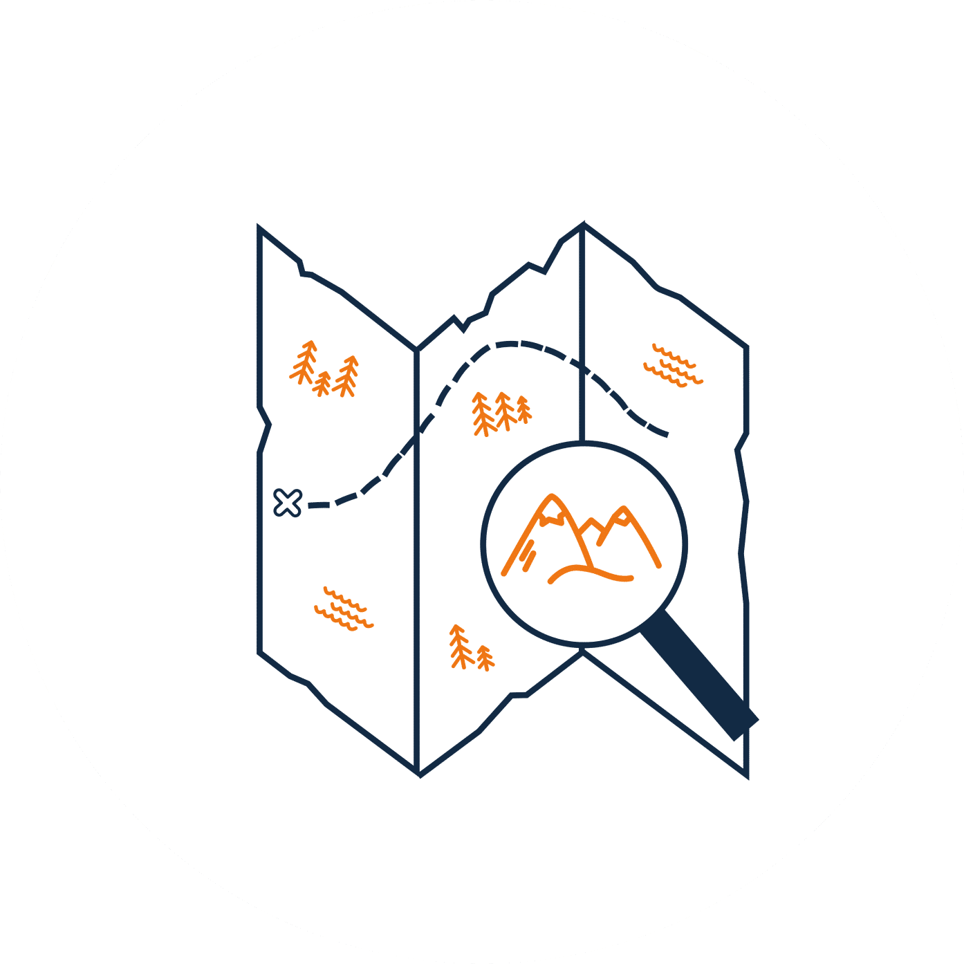 Das Icon stellt eine Karte mit Markierungen für Planung und gezielte Auswahl dar.