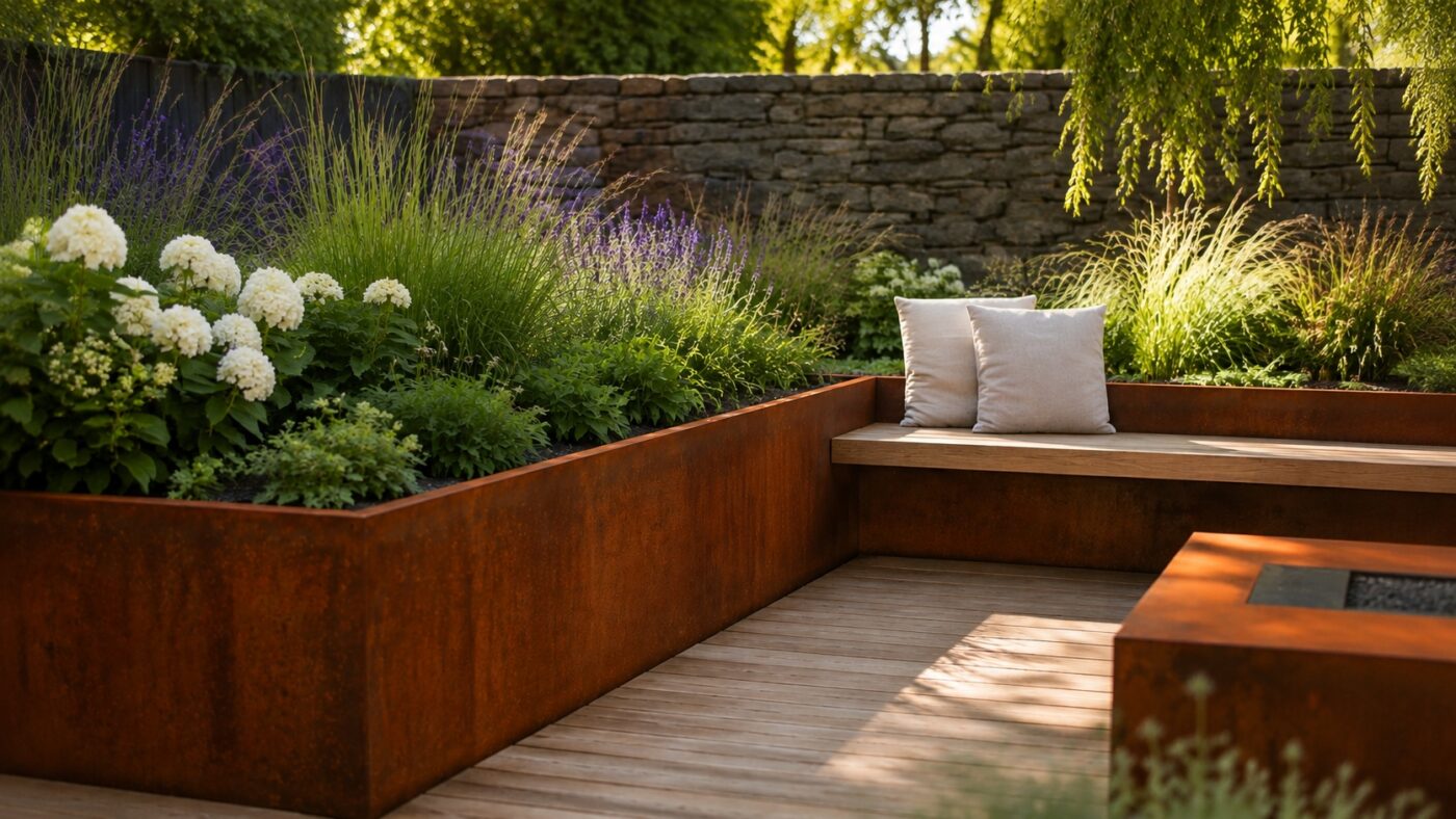 Cortenstaal verhoogd bed gecombineerd met houten terras, natuursteen en groene planten in een moderne tuin.