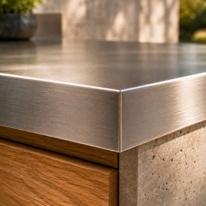 Detailaufnahme einer sauber verschweißten Edelstahl Arbeitsplatte mit warmer Holzfront und Natursteinunterbau im Außenbereich.