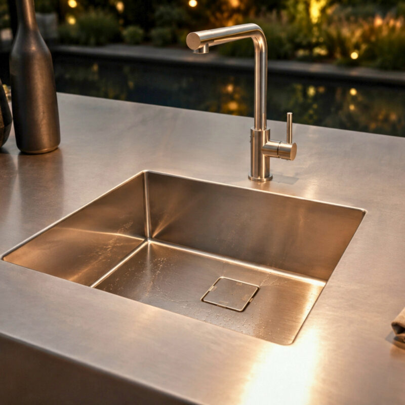 Nahtlos integriertes Edelstahl Spülbecken mit mittiger Armatur in hochwertiger Outdoor Arbeitsplatte.