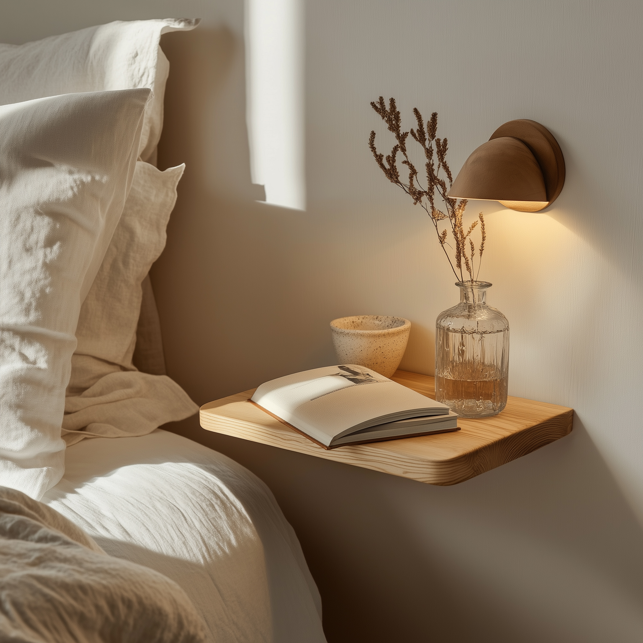 Nachttischablage aus Fichtenholz mit Buch und Vase.