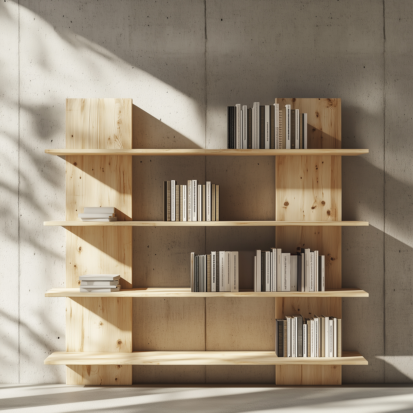Bücherregal aus Fichtenholz vor Betonwand mit Büchern.