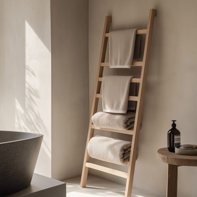 Handtuchleiter aus Eichenholzleisten im modernen Badezimmer.
