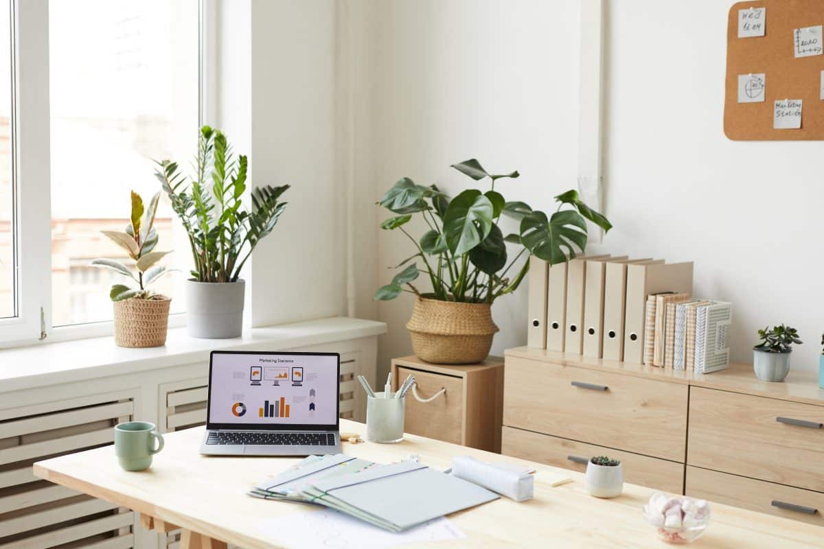 Heller Homeoffice-Platz mit Laptop, Pflanzen und Ablageordnern.