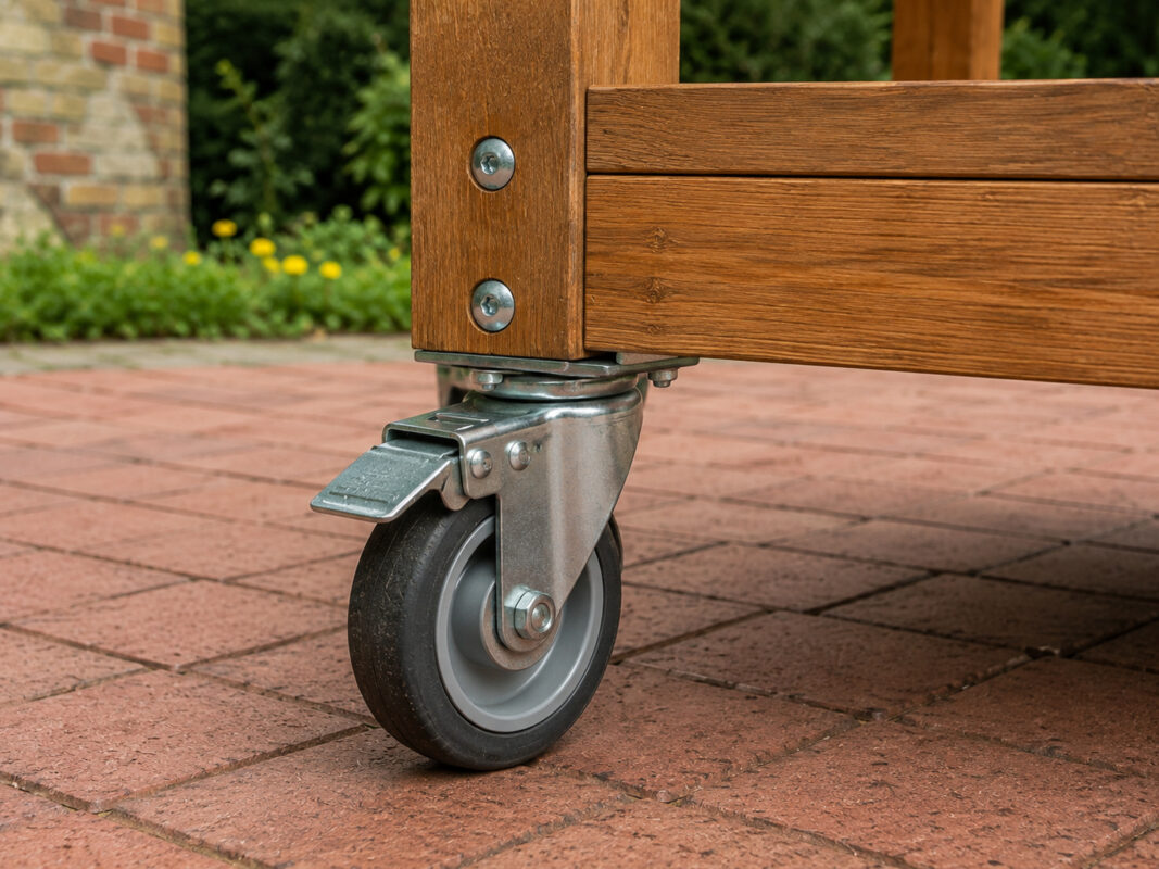 Industrie-Lenkrolle mit Feststellbremse ist sichtbar unter dem Holzrahmen der mobilen Outdoor-Küche montiert.