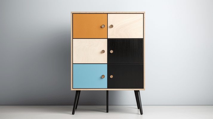 Bunter Designschrank aus Möbelbauplatten mit sechs Fronten.