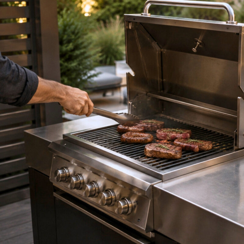 Person grillt Steaks auf integriertem Edelstahlgrill in hochwertiger Outdoor Küche im Garten.