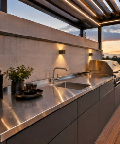 Luxuriöse Outdoor Küche mit Edelstahl Arbeitsplatte, Grill und Spüle unter moderner Pergola.