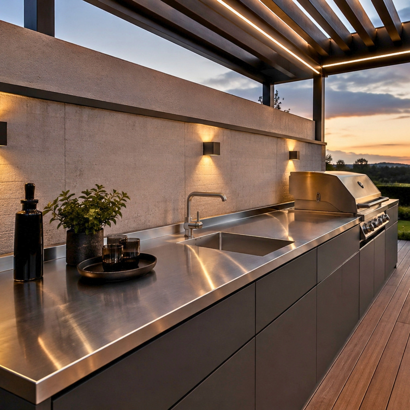 Luxuriöse Outdoor Küche mit Edelstahl Arbeitsplatte, Grill und Spüle unter moderner Pergola.