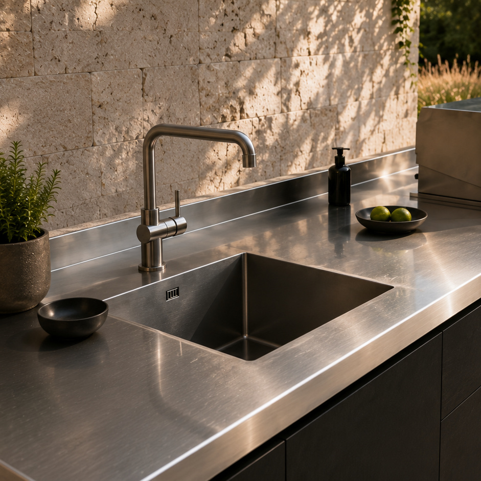 Moderne Outdoor Küche mit Edelstahl Arbeitsplatte, Spüle und Grill vor Natursteinwand im Garten.