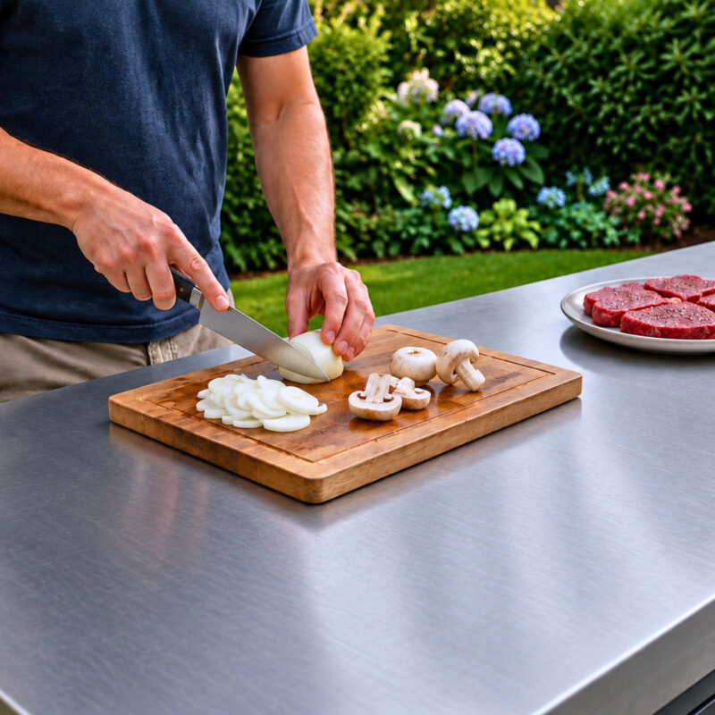 Person schneidet Zwiebeln und Champignons auf sauberer Edelstahl Arbeitsplatte neben vorbereiteten Steaks.