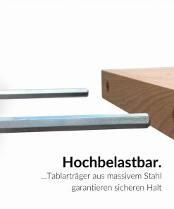 Ein massives Holzregalbrett liegt neben zwei stabilen Stahlträgern bereit.