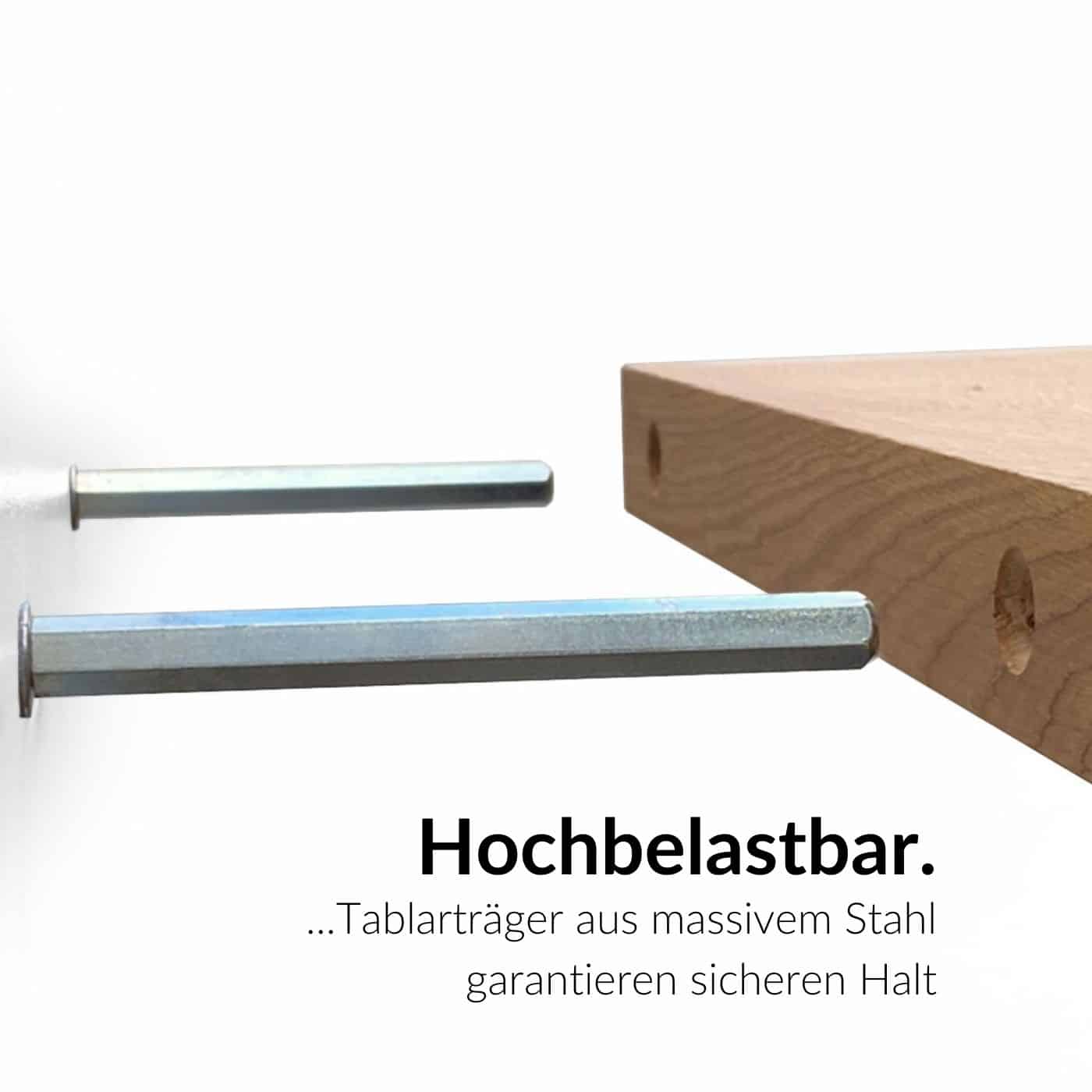 Ein massives Holzregalbrett liegt neben zwei stabilen Stahlträgern bereit.