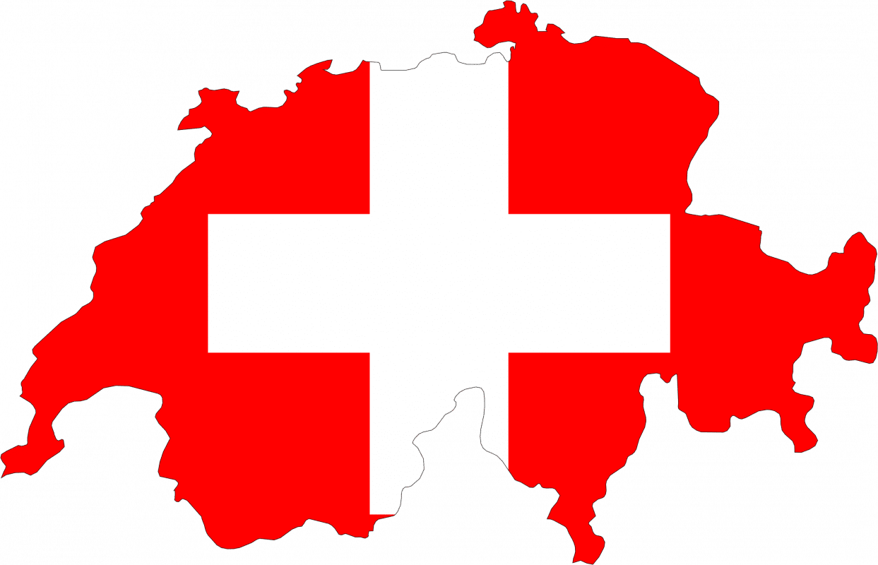 Eine rote Karte der Schweiz zeigt ein großes weißes Kreuz in der Mitte.
