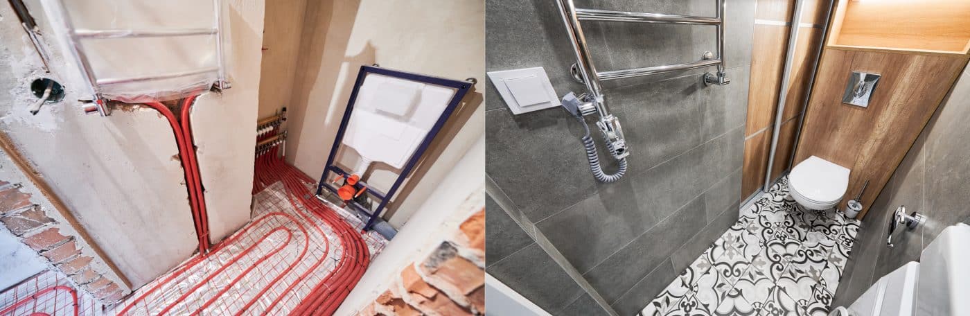 Badezimmer-Sanierung Vorher-Nachher mit moderner Toilette.
