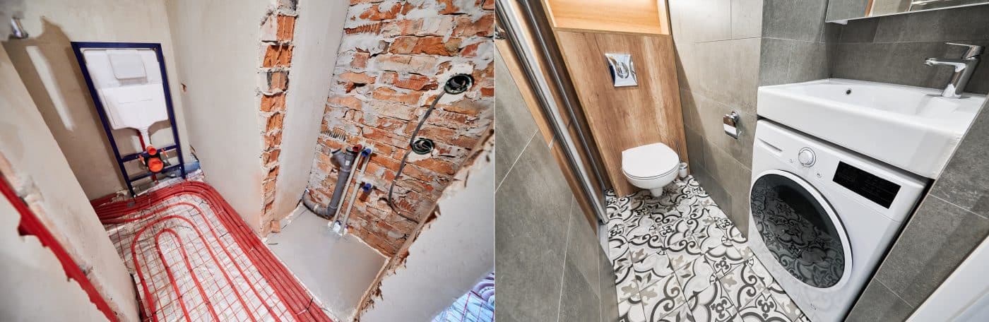 Badrenovierung Vorher-Nachher mit Toilette und Waschmaschine.