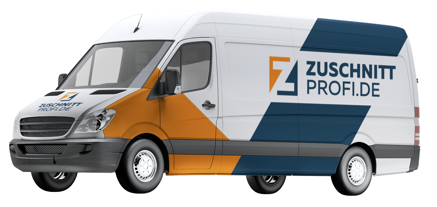 Ein Lieferfahrzeug mit Zuschnittprofi-Branding steht für zuverlässigen Versand maßgefertigter Materialien.
