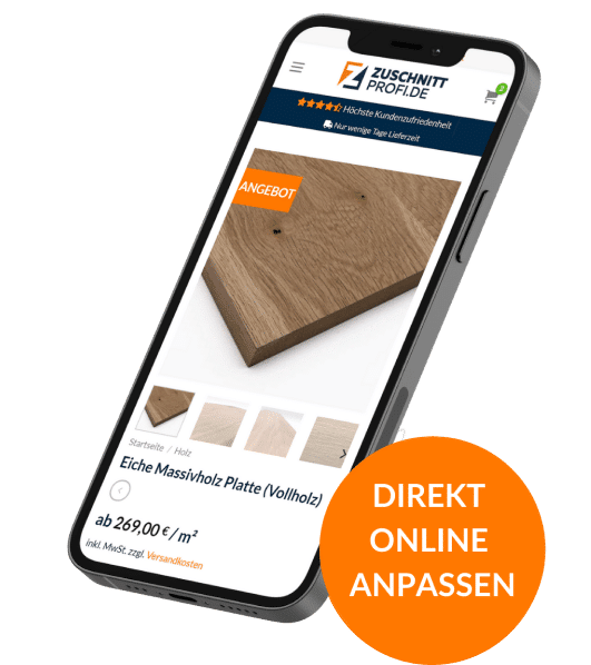 Ein Smartphone zeigt den Konfigurator, mit dem Materialien direkt online angepasst werden können.