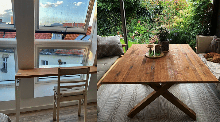 Vergleich einer Wohnung mit Dachfenster und einem Haus mit Gartenterrasse.