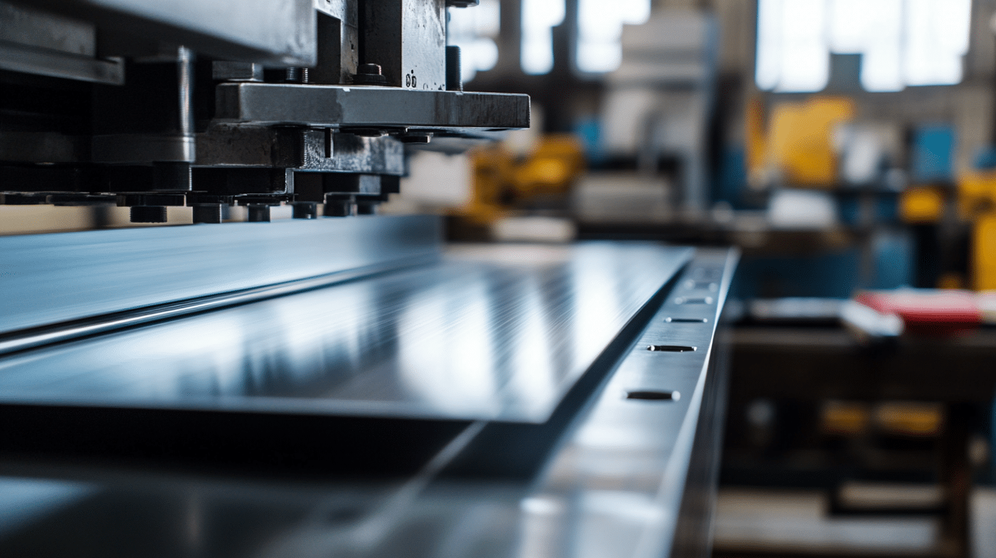Eine Maschine führt präzise Schnitte an großen Metallplatten aus.