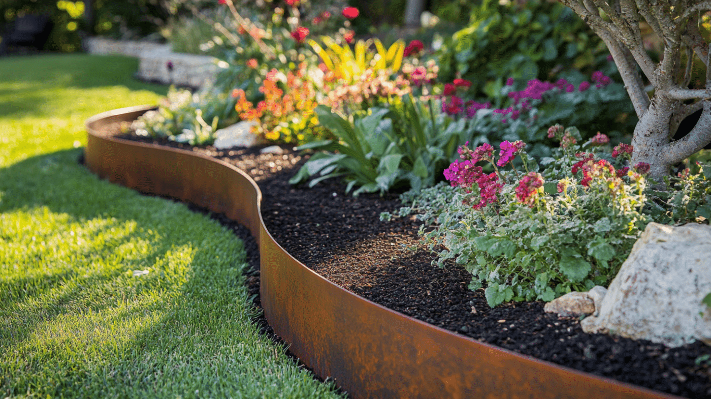 Eine geschwungene Cortenstahl-Beeteinfassung grenzt bunte Gartenpflanzen ab.