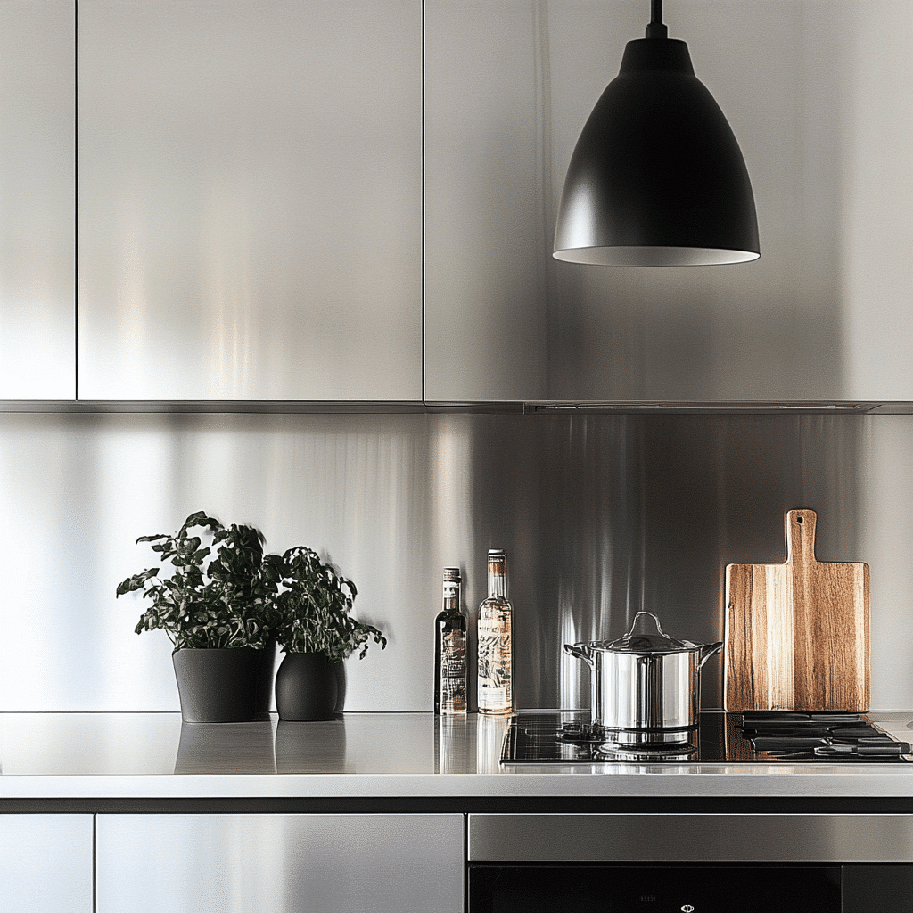 Moderne Küche mit Edelstahlfronten steht im Licht einer schwarzen Pendelleuchte.