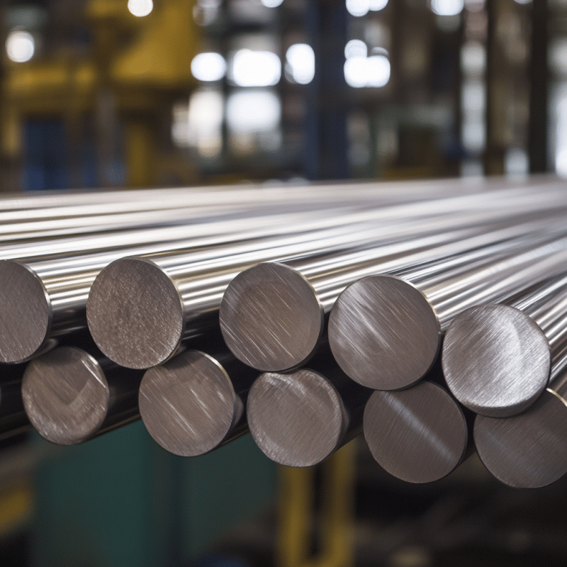 Gestapelte Metallstäbe liegen ordentlich nebeneinander in einer Produktionshalle.