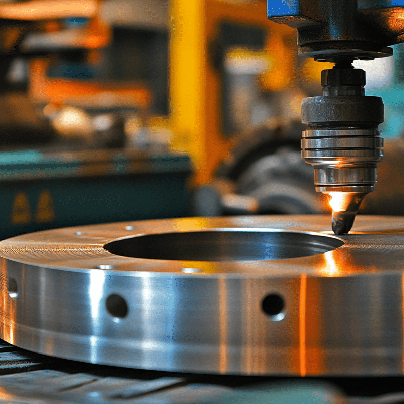 Ein CNC-Fräser bearbeitet ein rundes Metallteil mit glänzender Oberfläche.