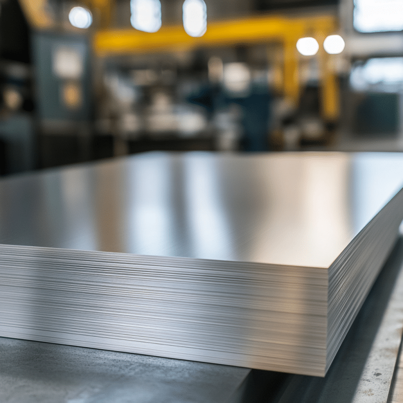 Mehrere Aluminiumplatten liegen sauber geschichtet in einer Industrieumgebung.