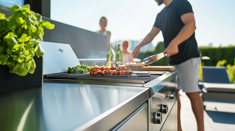 Ein Mann grillt frisches Gemüse auf einem Outdoor-Grill aus Edelstahl.