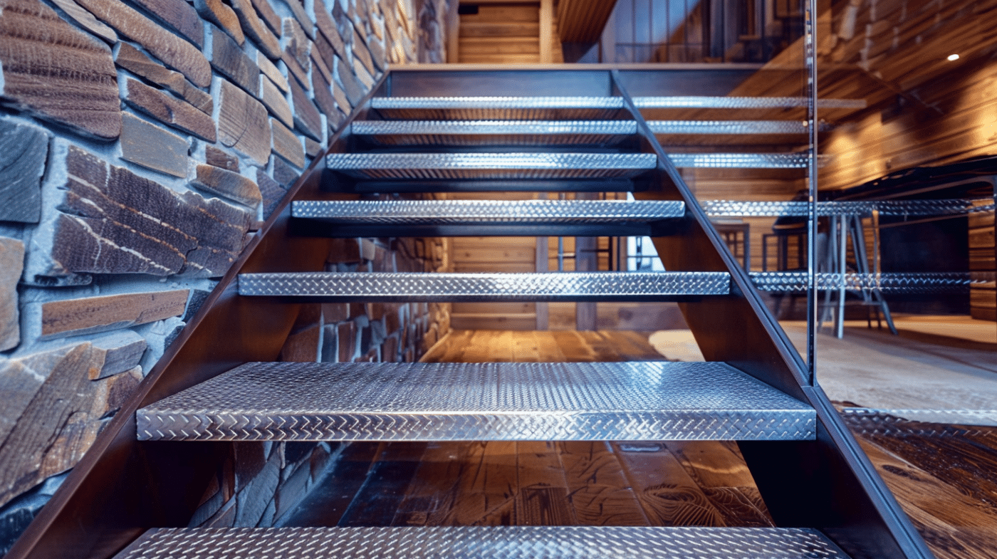 Die offene Treppe verbindet helle Riffelblechstufen mit warmem Holz.