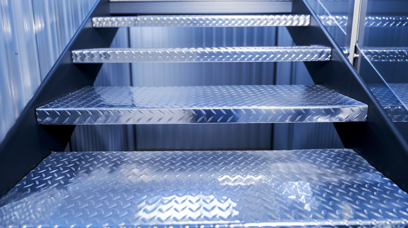 Die glänzenden Metallstufen reflektieren das kühle Licht der Umgebung.