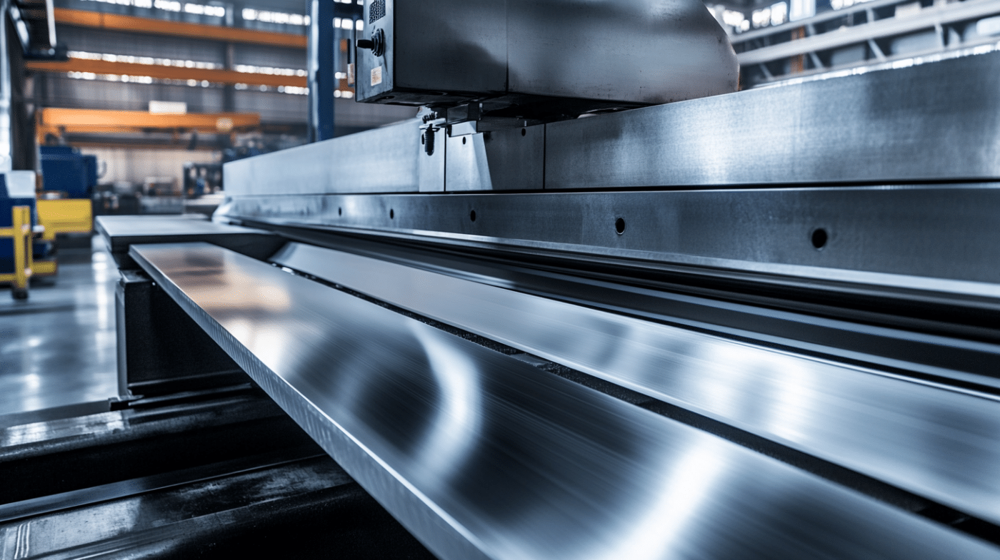 Eine große Metallpresse formt glänzende Bleche in einer Werkhalle.