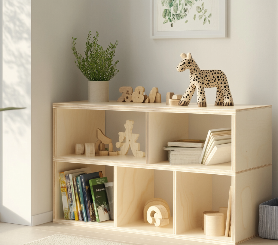 Maßangefertigtes offen stehendes Kinderzimmer-Regal aus Multiplexplatten.