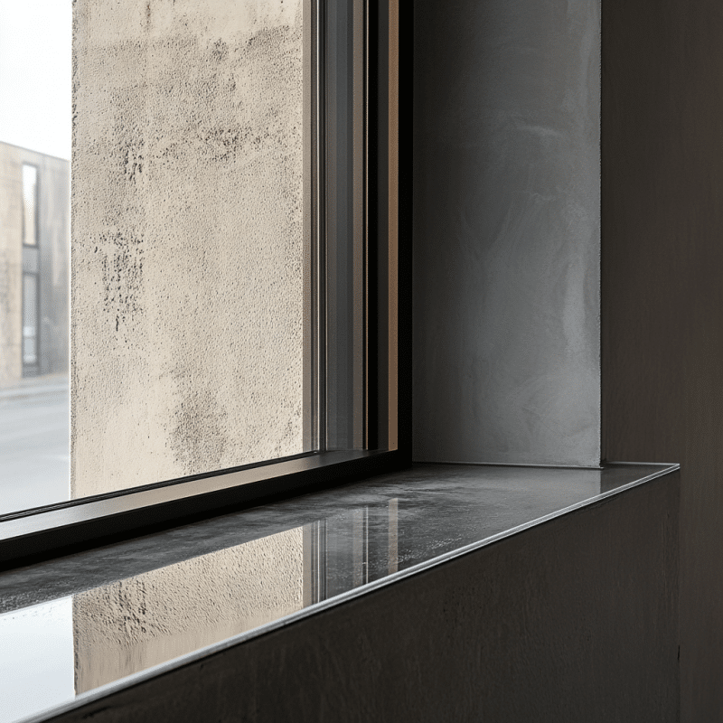 Das Bild zeigt eine Fensterbank aus dunklem Material, das modern ins Fenster eingelassen ist.
