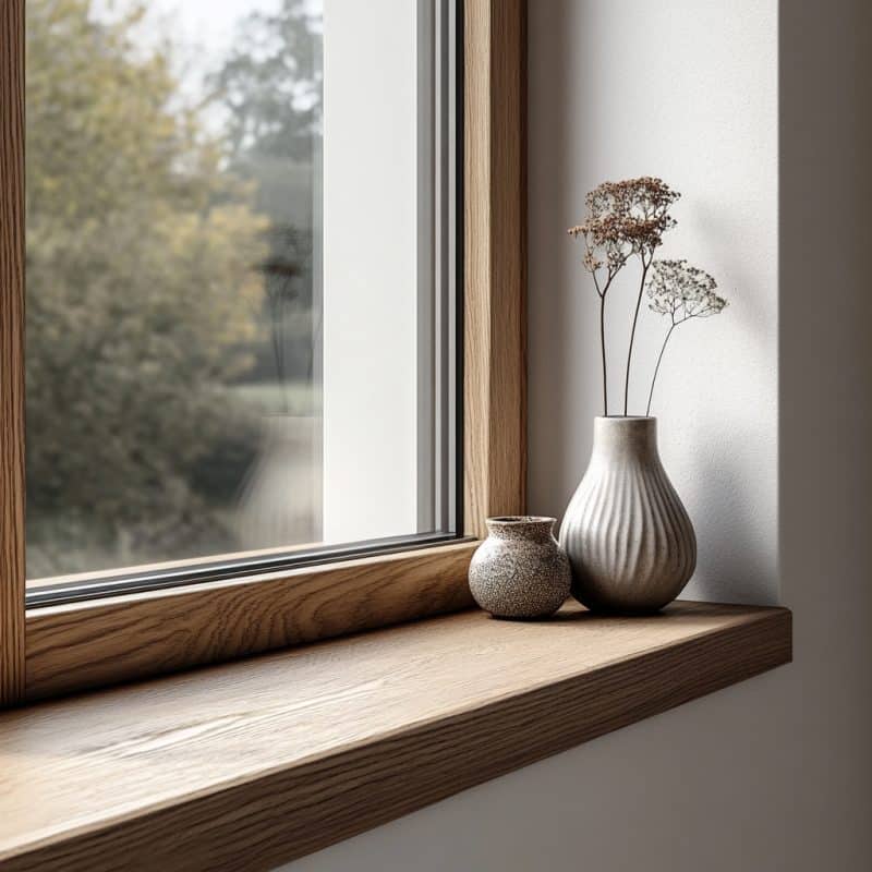 Eine schlichte Fensterbank aus hellem Holz ist unter einem Fenster integriert.